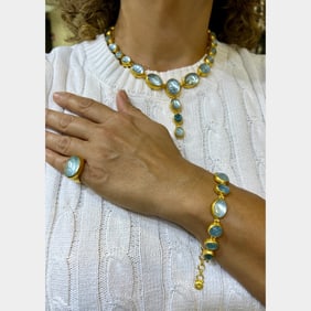 GURHAM 24K Yellow Gold Aquamarine Necklace, Bracelet, and Ring Set