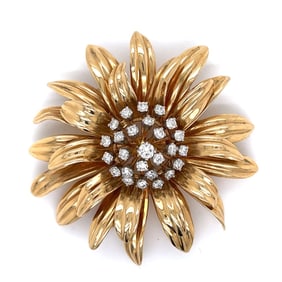 TIFFANY & CO. 1960’s 14K Yellow Gold Diamond Flower Brooch