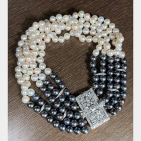 Art Deco Platinum & 14K Gold Cultured Black/White Pearl & Diamond Necklace
