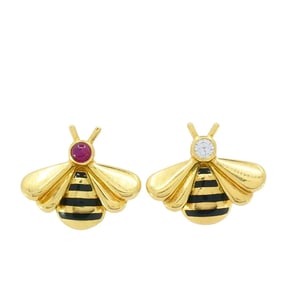 Cartier 18k Gold Bee Stud Earrings Ruby Diamond Accents