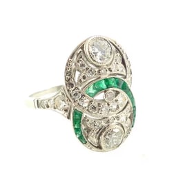 French Art Deco Platinum, Diamond & Emerald Toi et Moi Ring