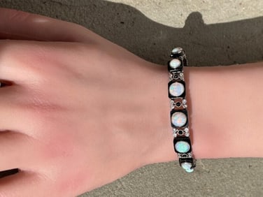 French Art Deco White Gold, Onyx, Diamond & Opal Line Bracelet