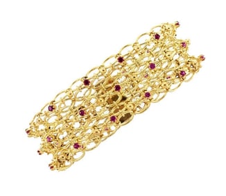 Retro 18K Yellow Gold & Ruby Mesh Bracelet