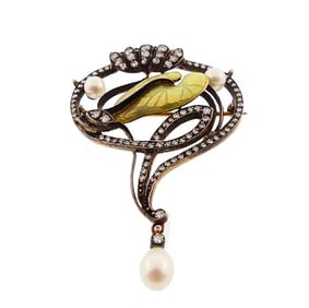 French Art Nouveau 18K Gold Diamond Pearl Enamel Lily Pad Pendant