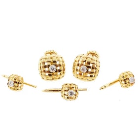 Tiffany & Co. 18K Gold Diamond VANNERIE Cufflinks Studs Dress Set