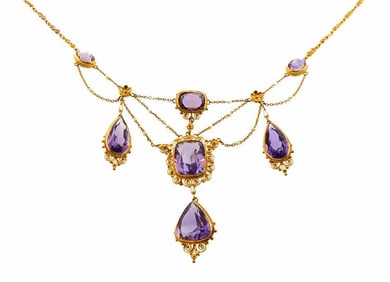 Victorian 14K Gold Filigree, Amethyst & Seed Pearl Festoon Necklace