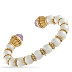 LB Exclusive 18K Yellow Gold Pearl and Amethyst Cuff Bracelet MF01-070925