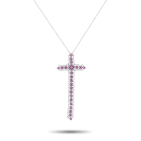 LB Exclusive 18K White Gold 0.75ct Diamond and Ruby Cross Necklace MF01-082725