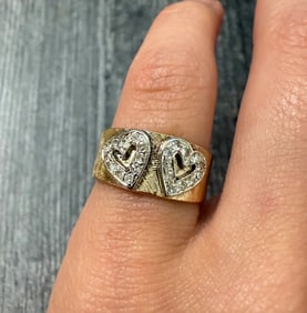 Vintage Double Diamond Heart Band in 14K Gold