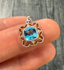 Checkerboard Blue Topaz and Diamond Charm