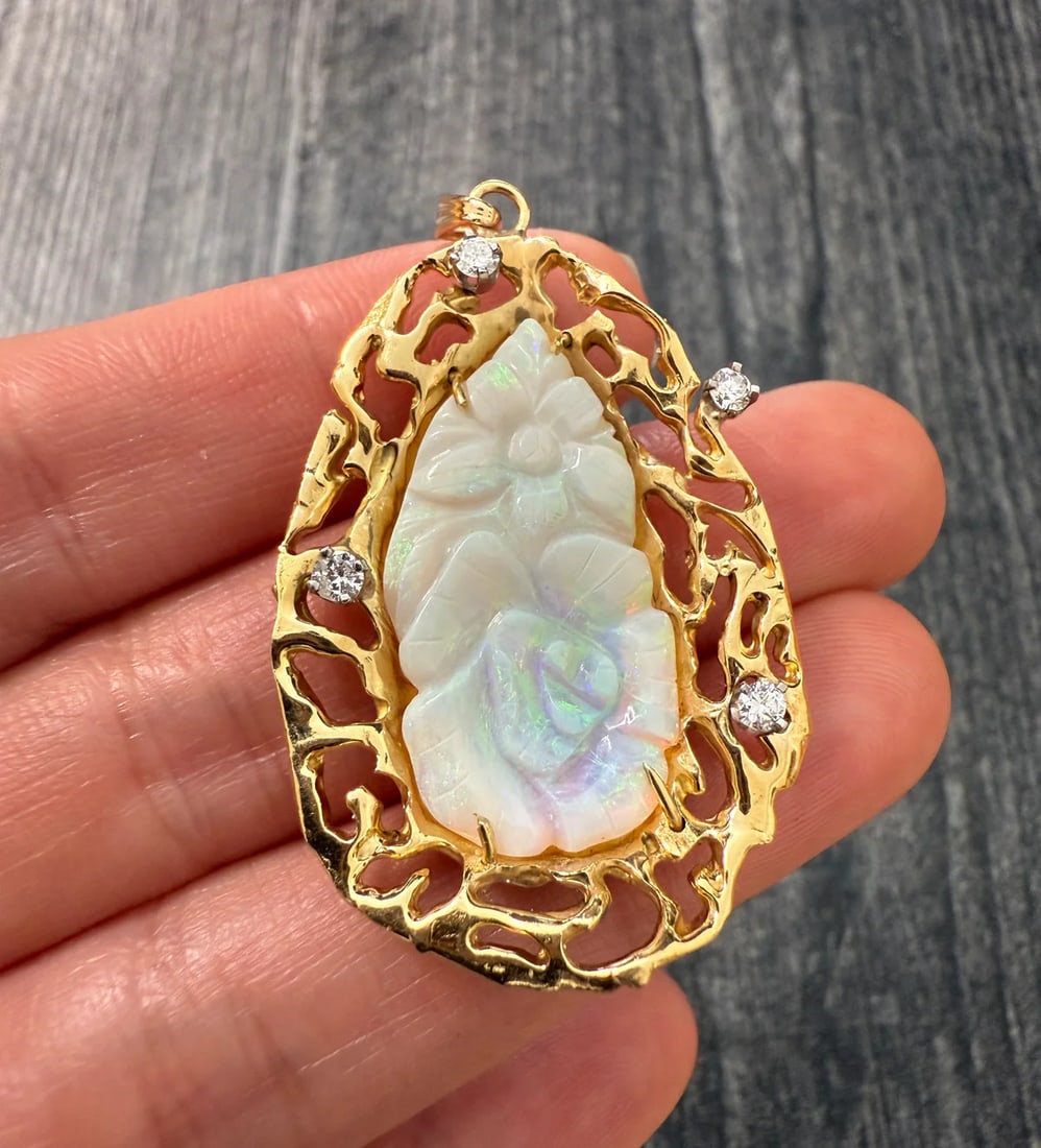 Carved Opal Flower Pendant with Diamonds in 18K Gold (1 of 1)