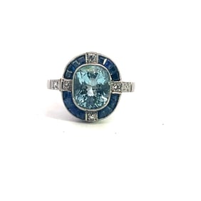 Platinum Art Deco Style Aquamarine, Sapphire, amd Diamond Ring