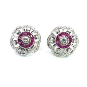 Platinum Diamond Ruby Flower Art Deco Earrings