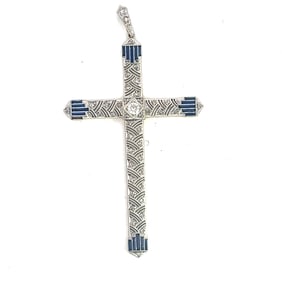 Platinum 18k Art Deco Style Diamond Sapphire Cross Pendant