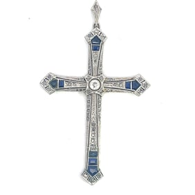 Platinum Art Deco Sapphire Diamond Cross Pendant