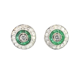 Platinum Diamond Emerald Target Stud Earrings