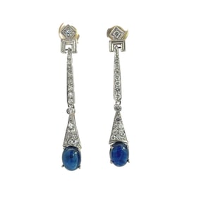 Platinum Art Deco Style Diamond Sapphire Long Earring