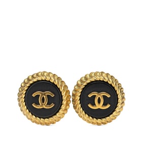 Vintage Chanel Coco Mark Round Earrings, Gold and Black Plated, Women's