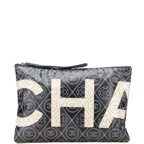 CHANEL Coco Mark Camellia Silver Hardware Clutch Bag Black Beige Women's
