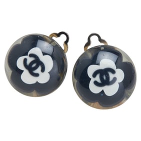CHANEL Coco Mark Camellia Motif Round Earrings in Silver, Clear, and Black Metal for Women