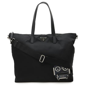 PRADA Robot Triangle Tote Bag, Large Shoulder Nylon and Leather, Black, 2VG024