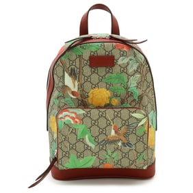 GUCCI Tian GG Supreme Backpack, Flower Bird Design, PVC and Leather, Beige, Red, Multicolor, 427042