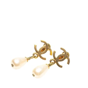 CHANEL Coco Mark Pearl Earrings, Gold Plated, Women's