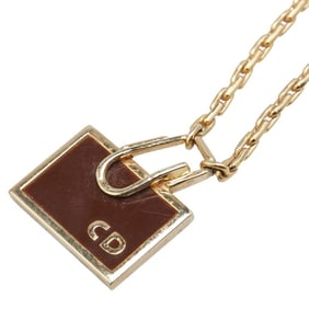 Christian Dior Dior logo plate chain pendant necklace in gold and brown. Women's.