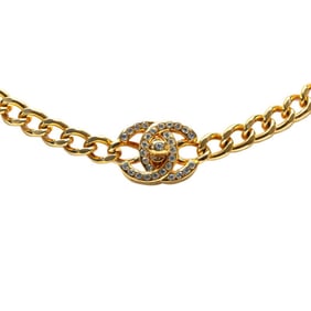 Chanel Coco Mark Turn Lock Rhinestone Necklace, Gold Plated, Women's
