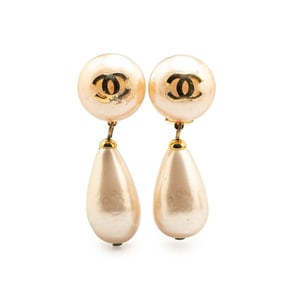 Vintage Chanel Coco Mark faux pearl earrings, gold plated, for women.