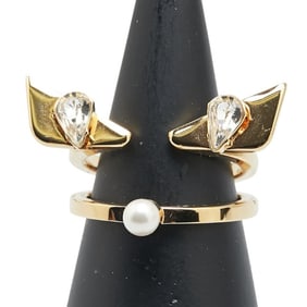 Fendi Monster Bugs Eye Rhinestone Ring, Size M, Gold Plated with Faux Pearls, Women's