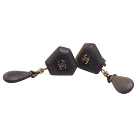 CHANEL Earrings Black Gold Wood Plated Women's