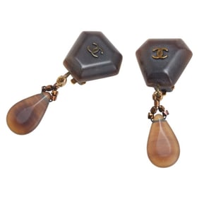 Vintage Chanel Coco Mark Wood Motif Teardrop Swing Earrings in Brown Gold Plastic with Plated Finish