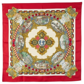 Hermes Hermès Carré 90 "LENTENTE CORDIALE" Scarf, Red, Beige, Multicolor, Silk, Women's