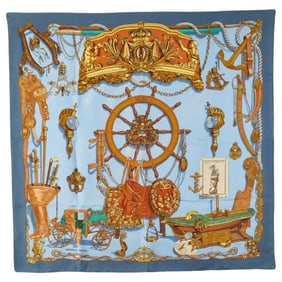 Hermes Hermès Carré 90 "BATEAU A VAPEUR DE JOUFFROY DABBANS 1784" Steamship Scarf, Blue, Brown,