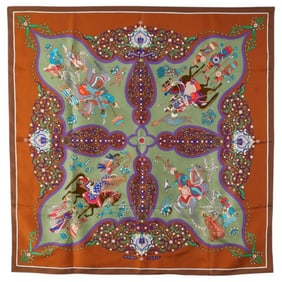 Hermes Hermès Carré 90 "POEIE PERSANE" Persian Poem Scarf, Green, Brown, Multicolor, Silk, Women's