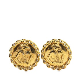 CHANEL Matelasse Coco Mark Rhinestone Earrings, Gold Plated, Women's