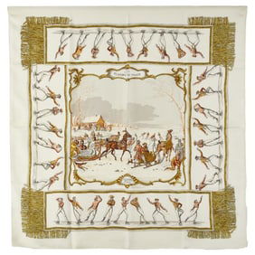 Hermes Hermès Carré 90 "Les Plaisirs du Froid" (Joys on Ice) scarf, white, gold, and multicolored