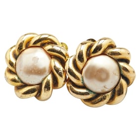 CHANEL Vintage Flower Motif Faux Pearl Earrings, Gold Plated, Women's