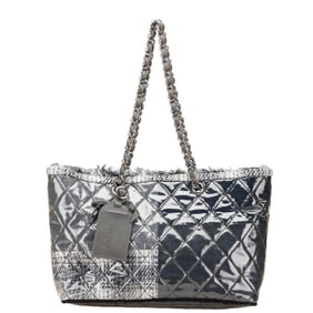 Chanel Matelasse Tote Bag Handbag Black Gray Vinyl Tweed Women's CHANEL
