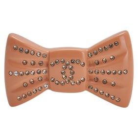Chanel Coco Mark Ribbon Motif Rhinestone Brooch in Gold and Orange Plated Plastic for Women