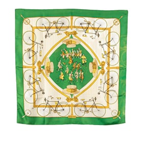 Hermes Hermès Carré 90 LES BECANES Bicycle Scarf, Green, Gold, Multicolor, Silk, Women's