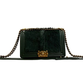 Seal No. 21 CHANEL Boy Chanel Coco Mark Lambskin Leather and Rabbit Fur Chain Shoulder Bag Green