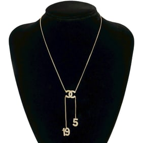 01C CHANEL Coco Mark No.19 No.5 Necklace, Rhinestone and Metal, Gold, 00039