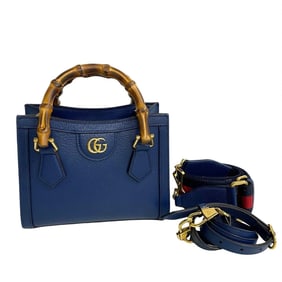 GUCCI Diana Tote Sherry Line Bamboo GG Logo Leather 3-Way Shoulder Bag/Handbag Navy 17468