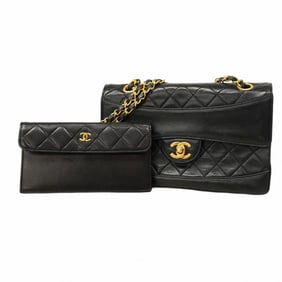 Chanel Matelasse Shoulder Bag with Double Chain, Lambskin, Black, Women's