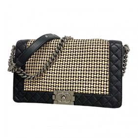 Chanel Shoulder Bag Boy Chain Lambskin Black Beige Women's