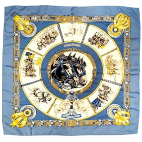 HERMES Carré 90 Chevaux de Trait Horse and Silk Blue Light Stole Scarf/Muffler for Women
