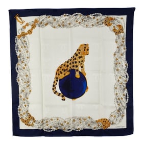 Cartier Must de Ball-Riding Panthère Scarf, Navy and White Silk, Women's