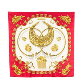 Hermes Hermès Carré 90 "Les Cavaliers D'Or" Scarf, Red, White, Beige, Silk, Women's
